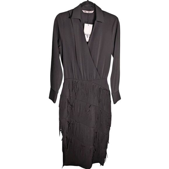 NWT Zara COMBINATION FRINGE DRESS ZW COLLECTION Long Lapel Collar Dress with Wra - Picture 1 of 7